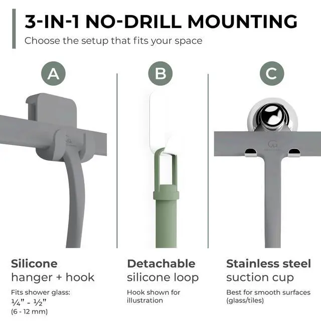Alt view image 3 of 7 - Silicone Shower Squeegee for Glass Doors & Mirrors with Stainless Steel Core, Streak-Free & No-Squeak Window Cleaning, 3-in-1 No-Drill Mount (Hook/Suction/Adhesive),Gray, 9 Inches