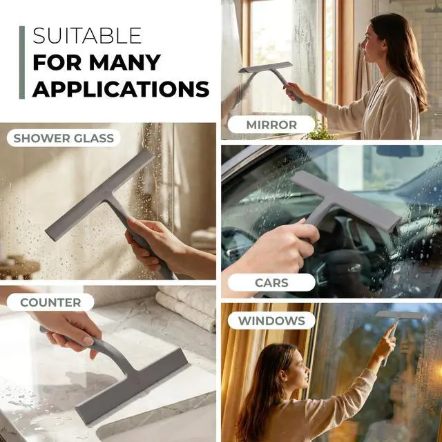 Alt view image 6 of 7 - Silicone Shower Squeegee for Glass Doors & Mirrors with Stainless Steel Core, Streak-Free & No-Squeak Window Cleaning, 3-in-1 No-Drill Mount (Hook/Suction/Adhesive),Gray, 9 Inches
