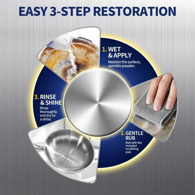 Alt view image 3 of 6 - Stainless Steel Cleaner and Polish Kit - Heavy Duty Cookware Cleanser Powder with 3 Pads - Removes Burnt Stains, Rust, Water Spots & Grease from Pots, Pans, Sinks & Appliances (12.35 oz)