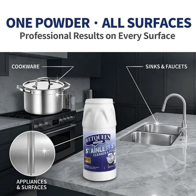 Alt view image 4 of 6 - Stainless Steel Cleaner and Polish Kit - Heavy Duty Cookware Cleanser Powder with 3 Pads - Removes Burnt Stains, Rust, Water Spots & Grease from Pots, Pans, Sinks & Appliances (12.35 oz)