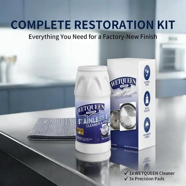 Alt view image 6 of 6 - Stainless Steel Cleaner and Polish Kit - Heavy Duty Cookware Cleanser Powder with 3 Pads - Removes Burnt Stains, Rust, Water Spots & Grease from Pots, Pans, Sinks & Appliances (12.35 oz)