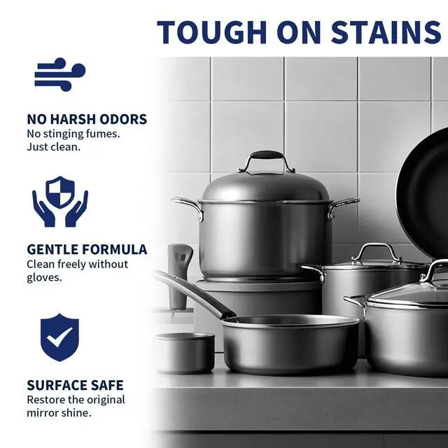 Alt view image 5 of 6 - Stainless Steel Cleaner and Polish Kit - Heavy Duty Cookware Cleanser Powder with 3 Pads - Removes Burnt Stains, Rust, Water Spots & Grease from Pots, Pans, Sinks & Appliances (12.35 oz)