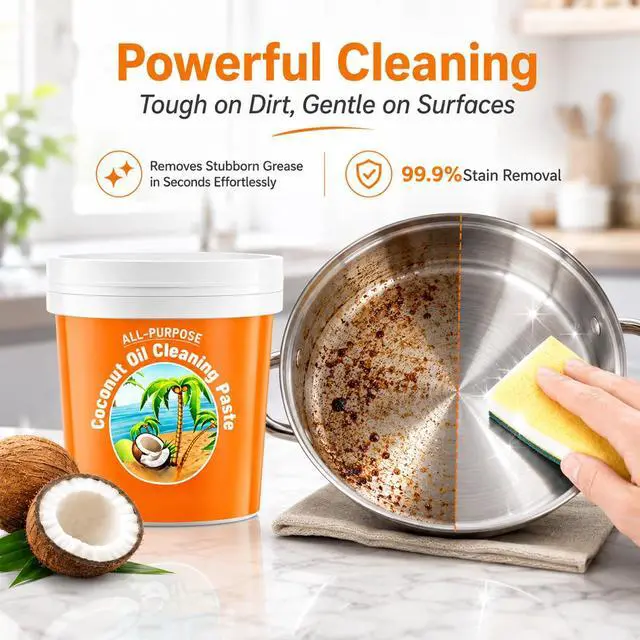 Alt view image 2 of 7 - Multi-Purpose Coconut Oil Cleaning & Polishing Paste for Kitchen & Home, 260g All-Purpose Natural Cleaner, Stain Remover & Polish