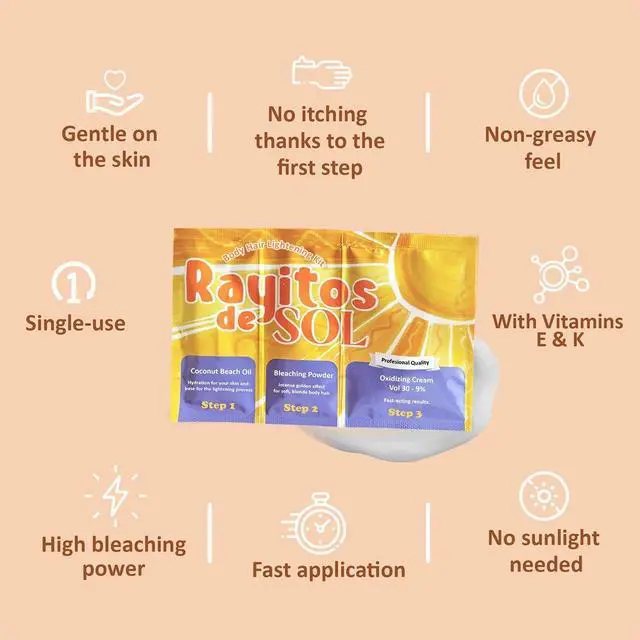 Alt view image 5 of 7 - Body Hair Bleach Kit with Coconut Oil Powder Bleach Peroxide Vol 30 - 9% Itch-Free | Descolorante de Pelo, Legs Back Abdomen Arm Hair Bleach | Skin Protection and Nourishment