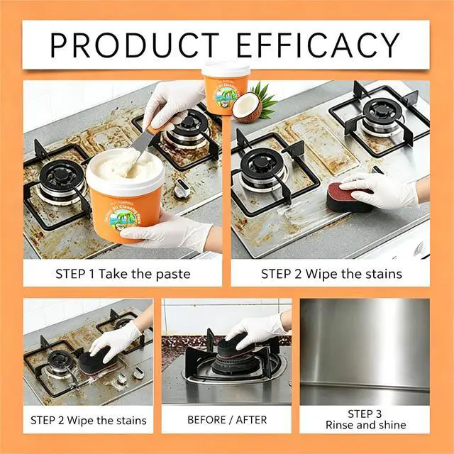 Alt view image 2 of 7 - 260G Multi-Purpose Coconut Oil Cleaning Polishing Paste, Heavy Duty Grease Remover for Kitchen Stove Oven Cookware Stainless Steel Tile Surface