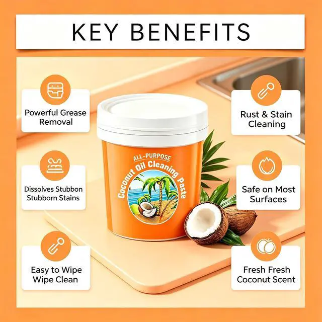 Alt view image 4 of 7 - 260G Multi-Purpose Coconut Oil Cleaning Polishing Paste, Heavy Duty Grease Remover for Kitchen Stove Oven Cookware Stainless Steel Tile Surface