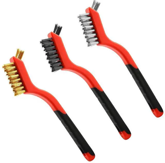 Main image of Wire Brush Set (3-Pack) for Precision Cleaning Brass, Nylon & Stainless Steel Brushes for Rust Removal, Delicate Surfaces & Tight Spaces 7-Inch Curved Handle