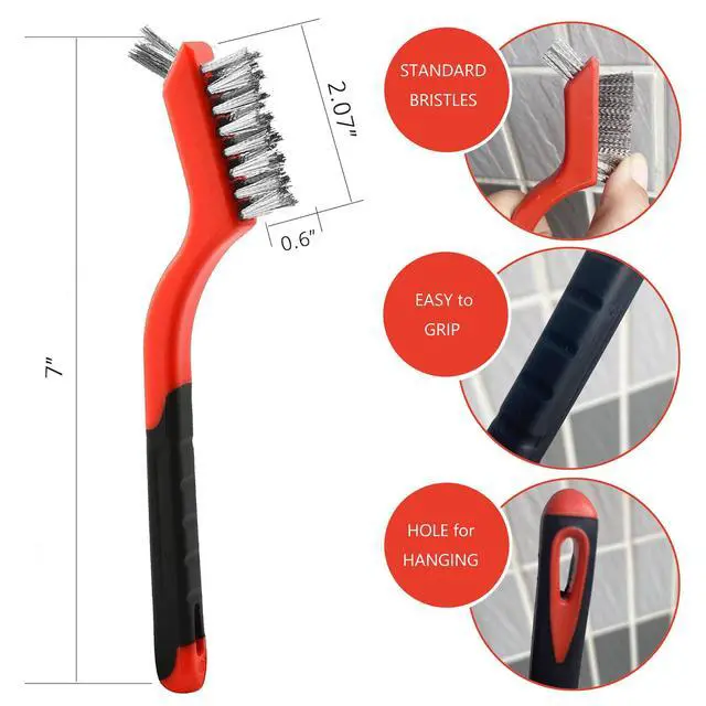 Alt view image 4 of 7 - Wire Brush Set (3-Pack) for Precision Cleaning Brass, Nylon & Stainless Steel Brushes for Rust Removal, Delicate Surfaces & Tight Spaces 7-Inch Curved Handle