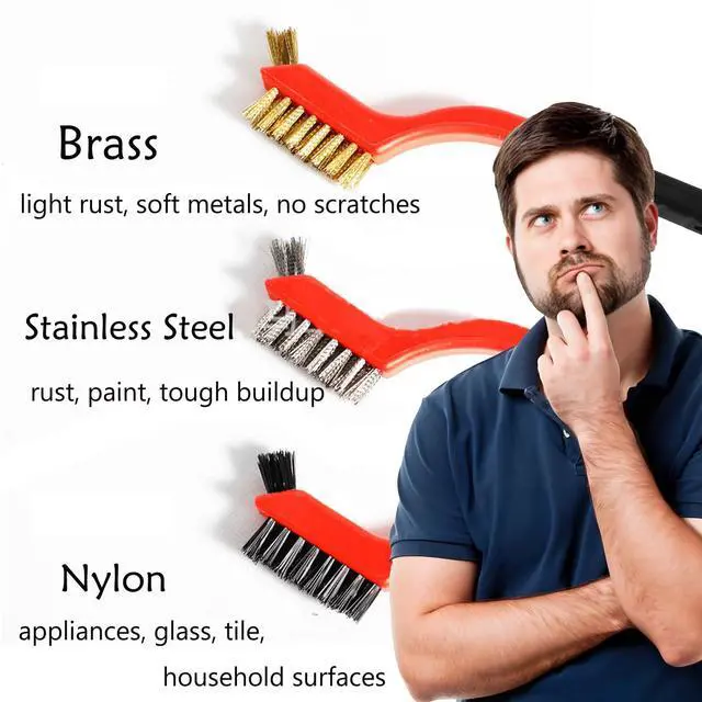 Alt view image 2 of 7 - Wire Brush Set (3-Pack) for Precision Cleaning Brass, Nylon & Stainless Steel Brushes for Rust Removal, Delicate Surfaces & Tight Spaces 7-Inch Curved Handle