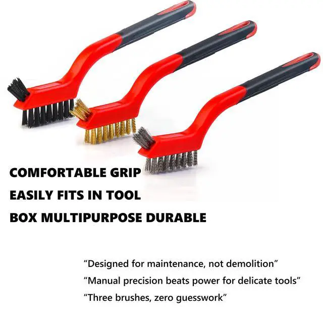 Alt view image 6 of 7 - Wire Brush Set (3-Pack) for Precision Cleaning Brass, Nylon & Stainless Steel Brushes for Rust Removal, Delicate Surfaces & Tight Spaces 7-Inch Curved Handle