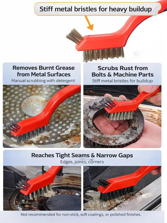 Alt view image 7 of 7 - Wire Brush Set (3-Pack) for Precision Cleaning Brass, Nylon & Stainless Steel Brushes for Rust Removal, Delicate Surfaces & Tight Spaces 7-Inch Curved Handle