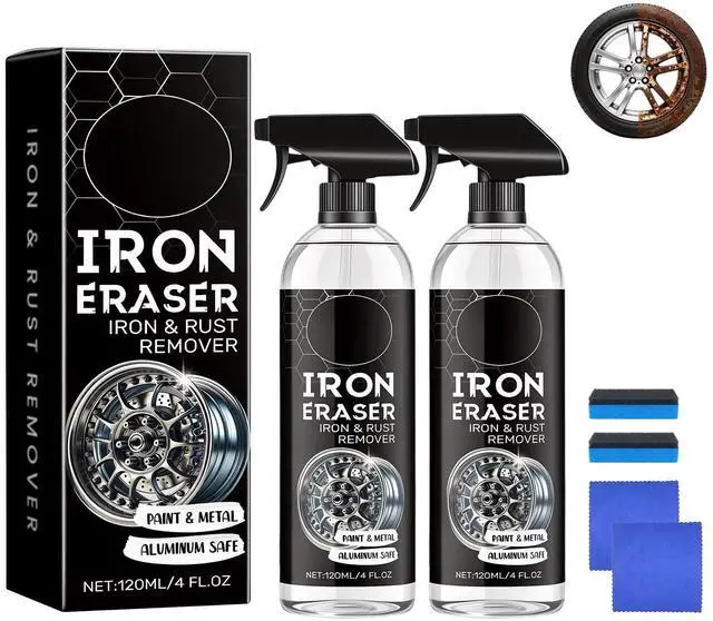 Main image of 2PCS Iron Eraser Rust Remover Spray, Iron Eraser Iron and Rust Remover with Sponges and Towels, Fast Acting Iron Powder & Rust Cleaner for Light Rust Spots, Metal Surfaces, Cars and Motorcycles