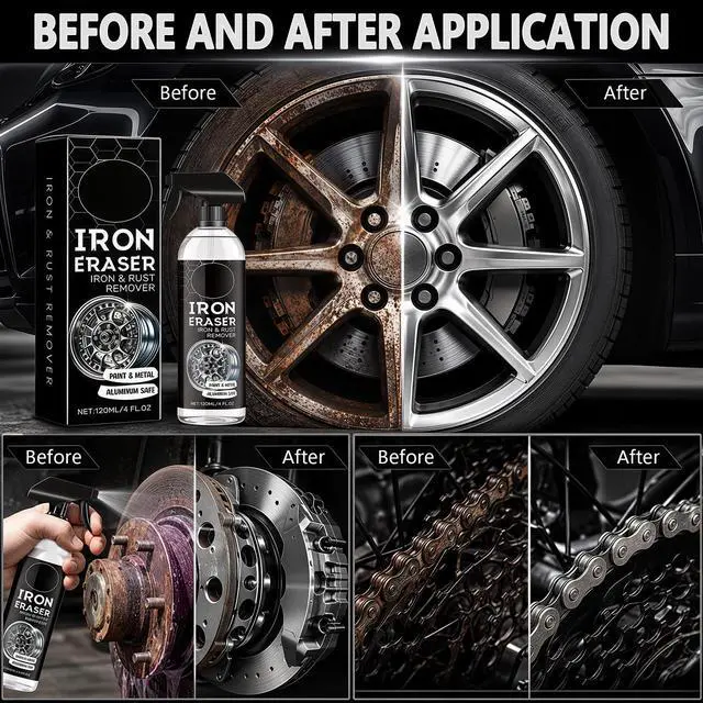 Alt view image 2 of 7 - 2PCS Iron Eraser Rust Remover Spray, Iron Eraser Iron and Rust Remover with Sponges and Towels, Fast Acting Iron Powder & Rust Cleaner for Light Rust Spots, Metal Surfaces, Cars and Motorcycles