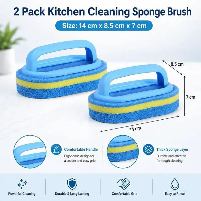 Alt view image 2 of 6 - Sponge Scrubbing Brush with Handle, Blue and Yellow, for Kitchen and Bathroom Cleaning, 2 Pack