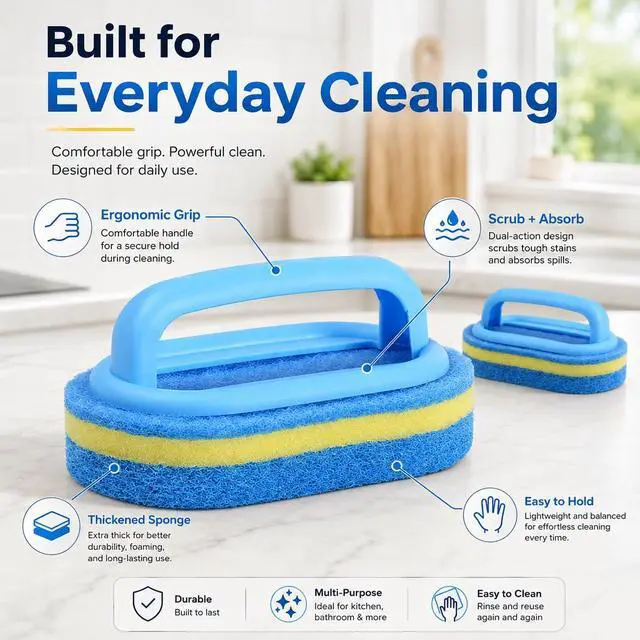 Alt view image 3 of 6 - Sponge Scrubbing Brush with Handle, Blue and Yellow, for Kitchen and Bathroom Cleaning, 2 Pack
