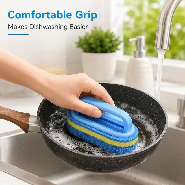 Alt view image 4 of 6 - Sponge Scrubbing Brush with Handle, Blue and Yellow, for Kitchen and Bathroom Cleaning, 2 Pack