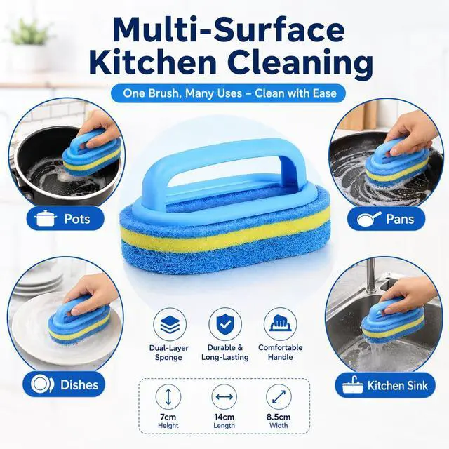 Alt view image 5 of 6 - Sponge Scrubbing Brush with Handle, Blue and Yellow, for Kitchen and Bathroom Cleaning, 2 Pack