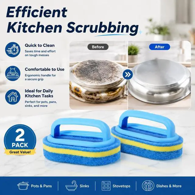 Alt view image 6 of 6 - Sponge Scrubbing Brush with Handle, Blue and Yellow, for Kitchen and Bathroom Cleaning, 2 Pack
