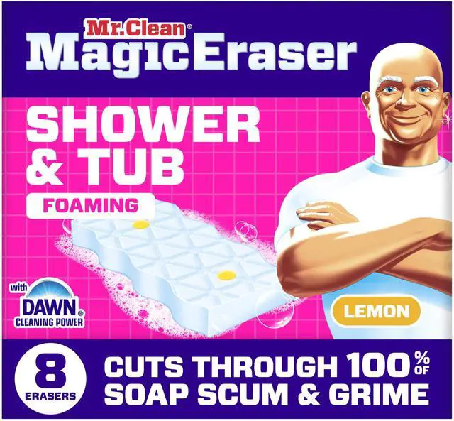 Main image of Magic Eraser Sponge, Bathroom, Shower, Tub Cleaner, Soap Scum Remover, Bathroom Cleaning Supplies, Dawn Cleaning Power with Lemon Scent, Shower & Tub, 8ct