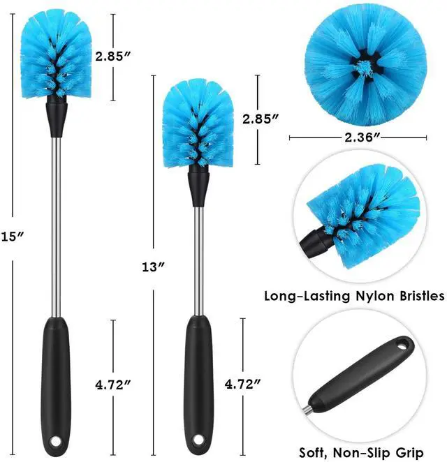 Alt view image 3 of 7 - Stainless Steel Water Bottle Brush, Long Handle Scrubbing Brush, Built for Cleaning Sport Bottles, Baby Bottles, Cups, Coffee Mugs, Glasswares, Wine Decanters, Flask, 2 Pack, 15 in