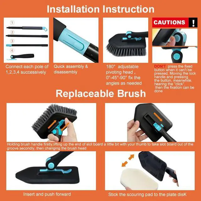 Alt view image 4 of 7 - Long Handled Scrub Brush for Shower,3-in-1 Cleaning Brushes with 3 Different Function Cleaning Heads Brush for Shower Cleaning Bathroom Kitchen Walls Tub Tile (Black)