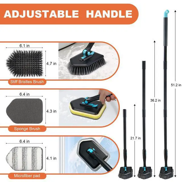 Alt view image 3 of 7 - Long Handled Scrub Brush for Shower,3-in-1 Cleaning Brushes with 3 Different Function Cleaning Heads Brush for Shower Cleaning Bathroom Kitchen Walls Tub Tile (Black)