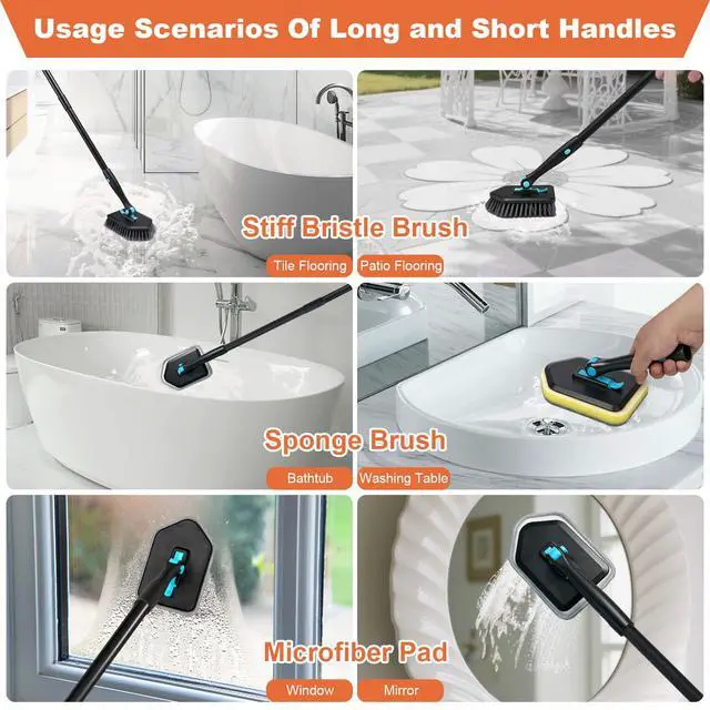 Alt view image 5 of 7 - Long Handled Scrub Brush for Shower,3-in-1 Cleaning Brushes with 3 Different Function Cleaning Heads Brush for Shower Cleaning Bathroom Kitchen Walls Tub Tile (Black)