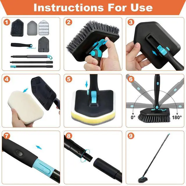 Alt view image 6 of 7 - Long Handled Scrub Brush for Shower,3-in-1 Cleaning Brushes with 3 Different Function Cleaning Heads Brush for Shower Cleaning Bathroom Kitchen Walls Tub Tile (Black)