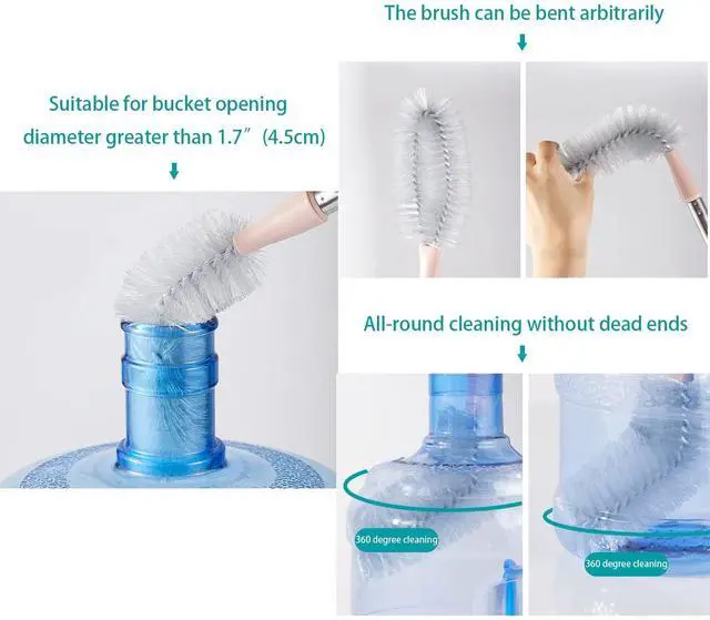 Alt view image 6 of 6 - 2 Pack 28" Long Bottle Brush, 3 & 5 Gallon Bottle Cleaner Brush, Nylon Bristles and Stainless Steel Handle Bendable Replaceable Brush Head Bottle Cleaning Brush