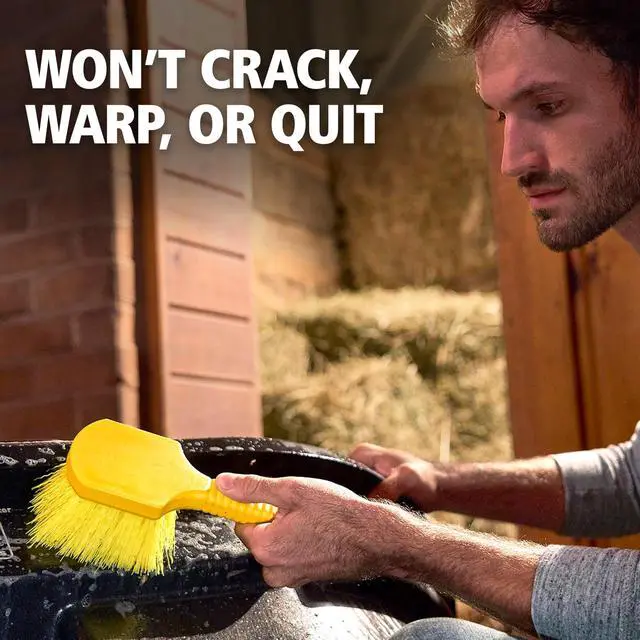 Alt view image 3 of 4 - 8" Utility Scrub Brush Plastic Handle Synthetic Bristles Cleaning Multi Purpose Heavy Duty Outdoor Wheels and Tires