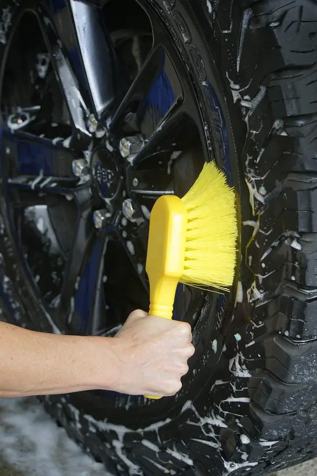 Alt view image 4 of 4 - 8" Utility Scrub Brush Plastic Handle Synthetic Bristles Cleaning Multi Purpose Heavy Duty Outdoor Wheels and Tires