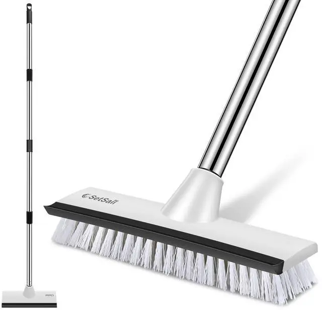Main image of Floor Scrub Brush with 51-Inch Long Adjustable Handle 2 in 1 Scrape Brush Stiff Bristle Floor Scrubber for Cleaning Shower Bathroom Garage Kitchen Wall Deck Tub Tile,Black White