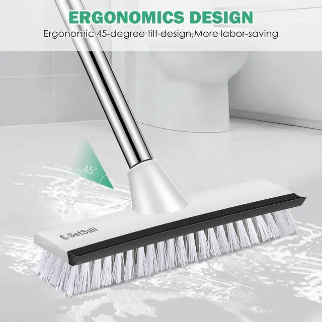 Alt view image 5 of 7 - Floor Scrub Brush with 51-Inch Long Adjustable Handle 2 in 1 Scrape Brush Stiff Bristle Floor Scrubber for Cleaning Shower Bathroom Garage Kitchen Wall Deck Tub Tile,Black White