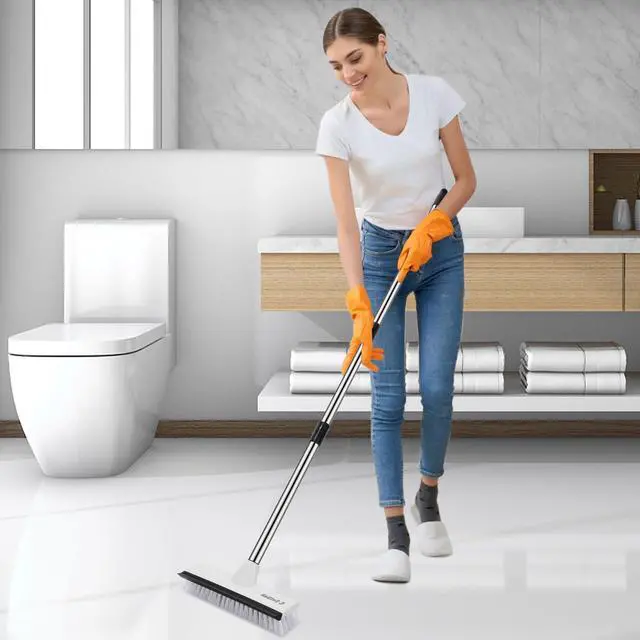 Alt view image 7 of 7 - Floor Scrub Brush with 51-Inch Long Adjustable Handle 2 in 1 Scrape Brush Stiff Bristle Floor Scrubber for Cleaning Shower Bathroom Garage Kitchen Wall Deck Tub Tile,Black White