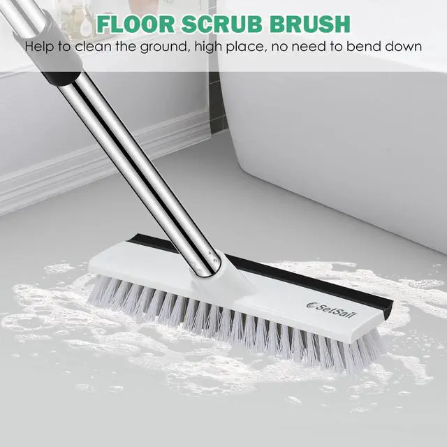 Alt view image 6 of 7 - Floor Scrub Brush with 51-Inch Long Adjustable Handle 2 in 1 Scrape Brush Stiff Bristle Floor Scrubber for Cleaning Shower Bathroom Garage Kitchen Wall Deck Tub Tile,Black White