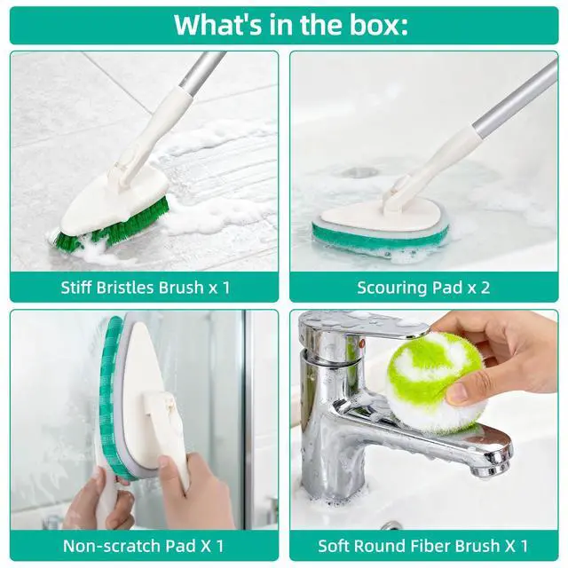 Alt view image 3 of 7 - 4-in-1 Tub and Tile Shower Scrubber, 51'' Bathtub Cleaning Brush with Long Handle, Soft & Stiff Bristles Bathroom Scrub Brush, Non-Scratch Shower Cleaner Brush for Cleaning