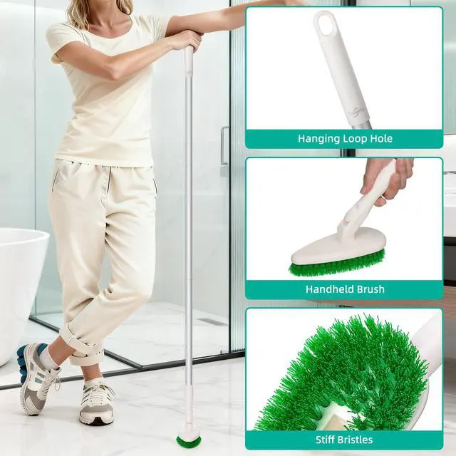 Alt view image 5 of 7 - 4-in-1 Tub and Tile Shower Scrubber, 51'' Bathtub Cleaning Brush with Long Handle, Soft & Stiff Bristles Bathroom Scrub Brush, Non-Scratch Shower Cleaner Brush for Cleaning