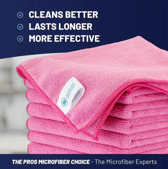 Alt view image 2 of 7 - MW PRO Cleaning Cloths Pink (12 Pack, 12x12) - Commercial Janitorial Towels & Lint Free Rags - Heavy Duty for Auto Detailing, Glass Windows, Housekeeping & Screens - Washable 300+ Times