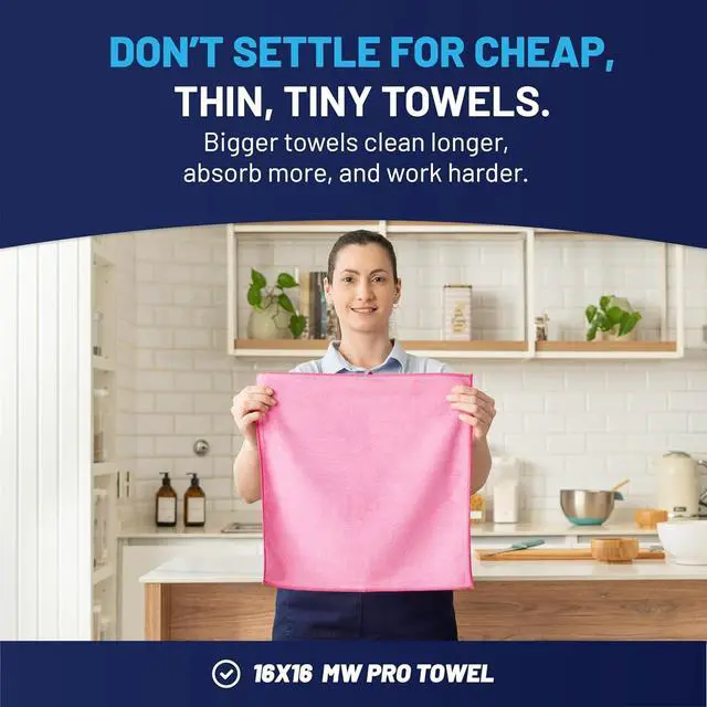 Alt view image 3 of 7 - MW PRO Cleaning Cloths Pink (12 Pack, 12x12) - Commercial Janitorial Towels & Lint Free Rags - Heavy Duty for Auto Detailing, Glass Windows, Housekeeping & Screens - Washable 300+ Times