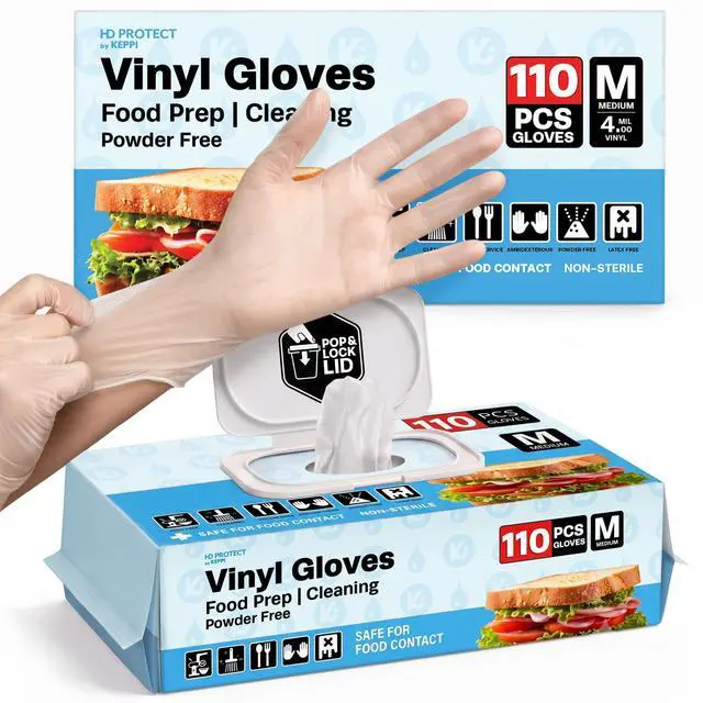 Main image of 110 Pack Vinyl Gloves Clear Disposable Latex - BPA & Powder-Free Food Grade Gloves for Cooking Cleaning Food Prep Catering BBQ Baking & Restaurant Use - (Medium)