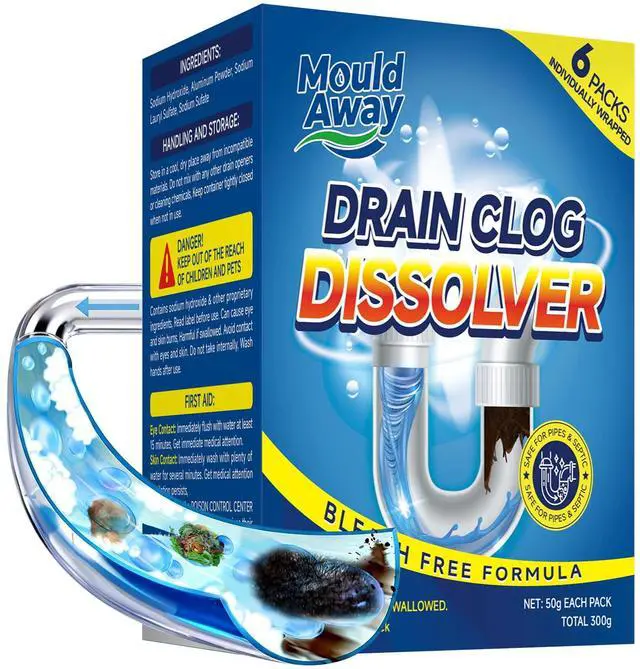 Main image of Drain Clog Remover for Sink & Shower, Dissolves Hair, Grease, Soap Scum & Paper, Powerful Bleach-Free Drain Cleaner Powder, 6 Pre-Measured Treatments for Bathroom & Kitchen