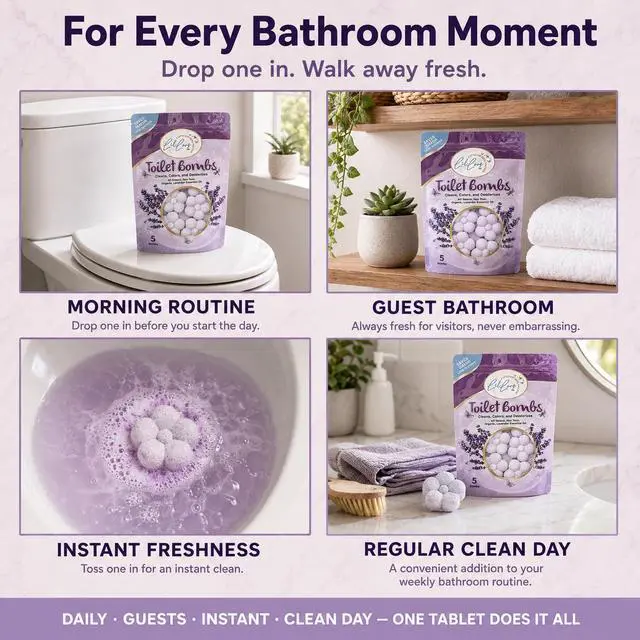 Alt view image 5 of 7 - Natural Essential Oil Toilet Bombs for Toilet Bowls - Drop-In Toilet Bowl Cleaner Tablets, Long-Lasting Lavender Scent for a Fresh Bathroom (5 Tablets, Pack of 1)