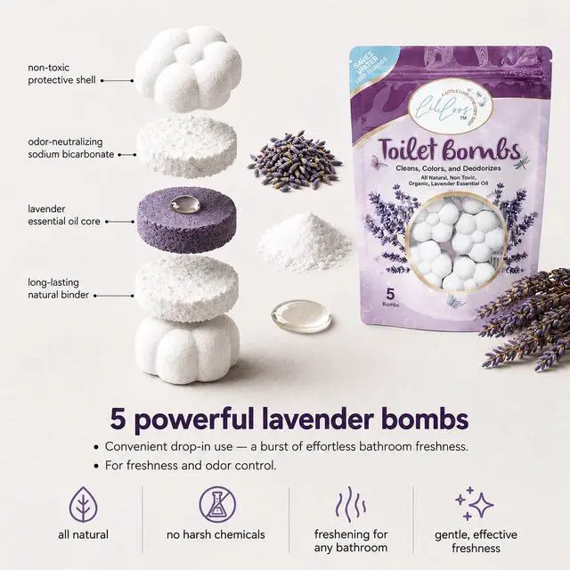 Alt view image 4 of 7 - Natural Essential Oil Toilet Bombs for Toilet Bowls - Drop-In Toilet Bowl Cleaner Tablets, Long-Lasting Lavender Scent for a Fresh Bathroom (5 Tablets, Pack of 1)