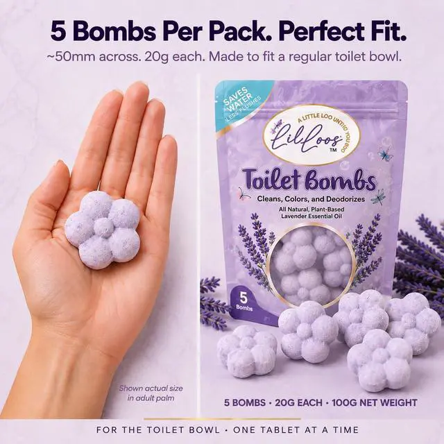Alt view image 7 of 7 - Natural Essential Oil Toilet Bombs for Toilet Bowls - Drop-In Toilet Bowl Cleaner Tablets, Long-Lasting Lavender Scent for a Fresh Bathroom (5 Tablets, Pack of 1)