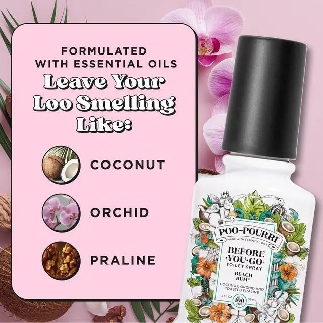 Alt view image 3 of 7 - Before-You-Go Toilet Spray, Beach Bum, 2 Fl Oz, Up to 100 Uses, Bathroom Odor Deodorizer with Essential Oils for Home or Work, Travel Essentials, TSA Approved Size, Coconut, Orchid Scent