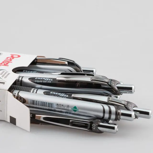 Alt view image 2 of 7 - EnerGel RTX Retractable Liquid Gel Pen, (0.7mm) Medium Line, Metal Tip, Black Ink, Box of 12 (BL77-A)