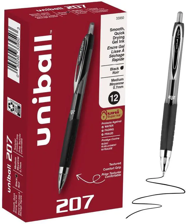 Main image of 207 Gel Pens, Black Ink, 0.7mm Medium Point, Retractable, 12 Count, Smooth Writing, Fraud-Resistant, uni Super Ink