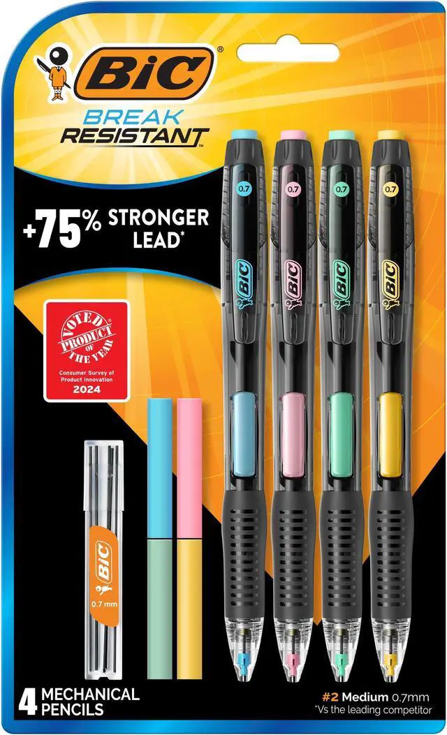 Main image of Break Resistant Mechanical Pencils with Erasers, No. 2 Medium Point (0.7mm), 4-Count Pack Pencils for School or Office Supplies, Lead and Eraser Refills