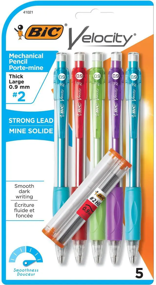 Main image of Velocity Strong Lead Mechanical Pencils, With Colorful Barrel, Thick Point (0.9mm), 5-Count Pack Mechanical Pencils With Erasers