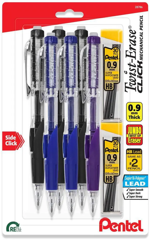 Main image of Twist-Erase Click Mechanical Pencil, (0.9mm), Pack of 6 Pencils with 2 Pack of Lead Refills (PD279TLBP6M)